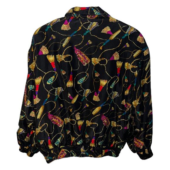 Vintage 90s Rhoda Lynne 100% Silk Tassel Print Bomber Jacket - Size Small - Picture 8 of 9